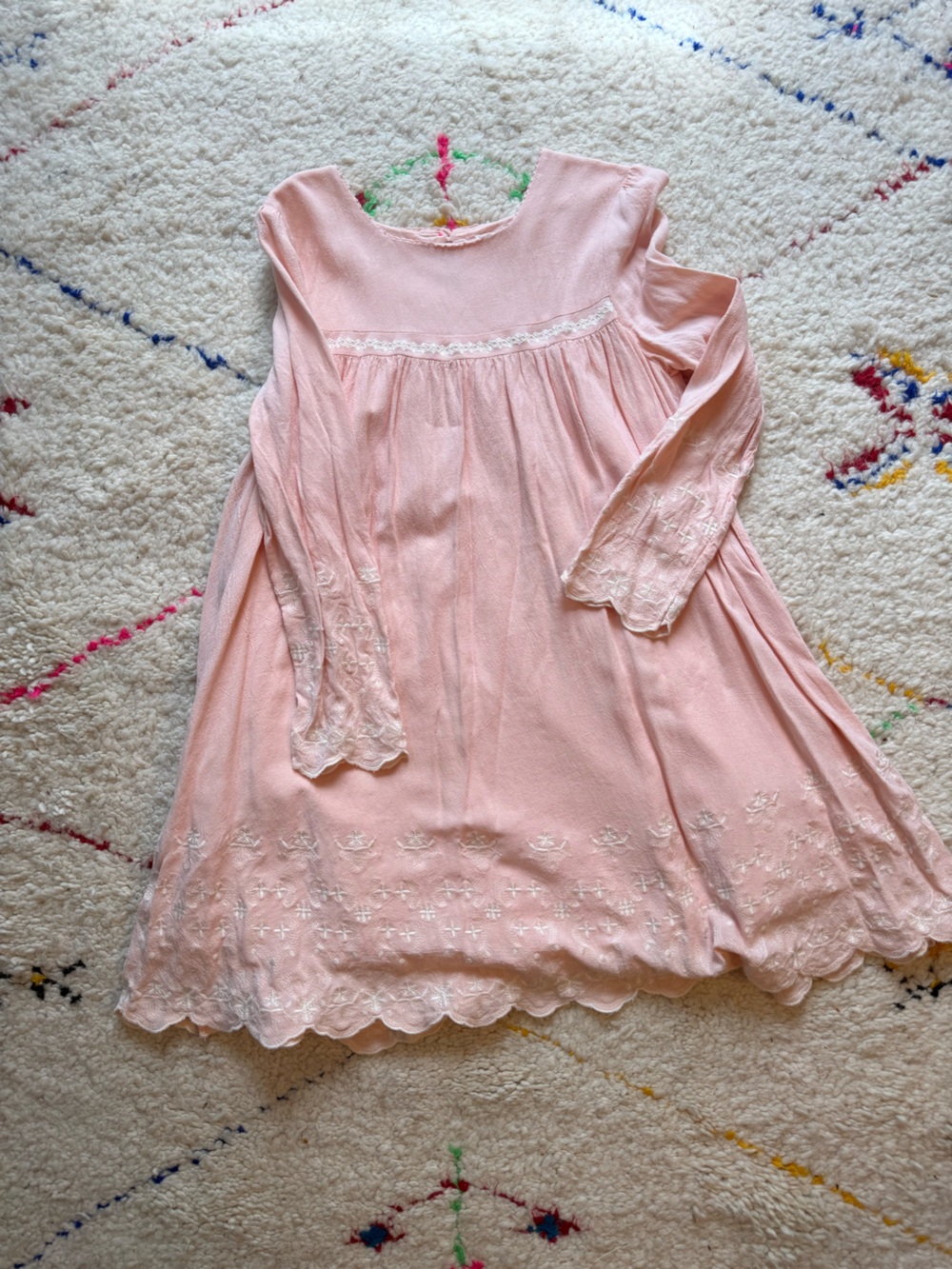 Girls' Pink Embroidered Dress with Lace Trim